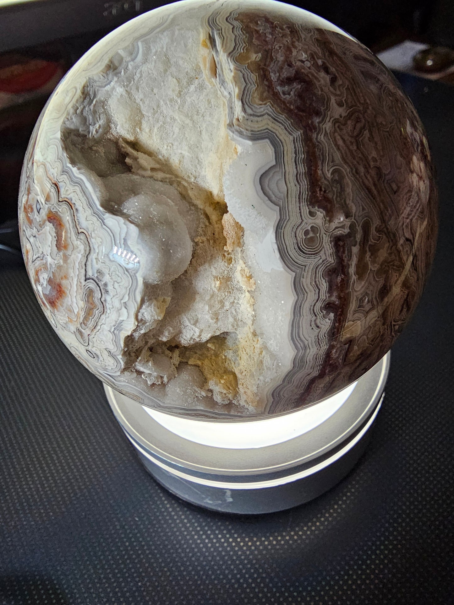 Smiling Crazy Lace Agate Sphere w/ Heart-Shaped Druzy Pocket