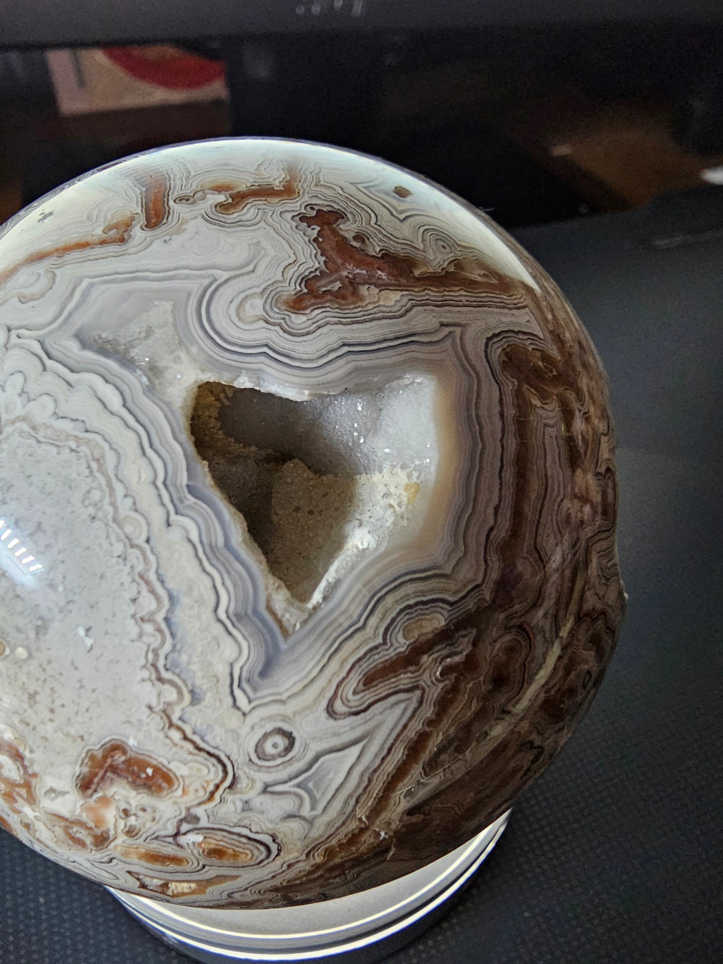 Smiling Crazy Lace Agate Sphere w/ Heart-Shaped Druzy Pocket