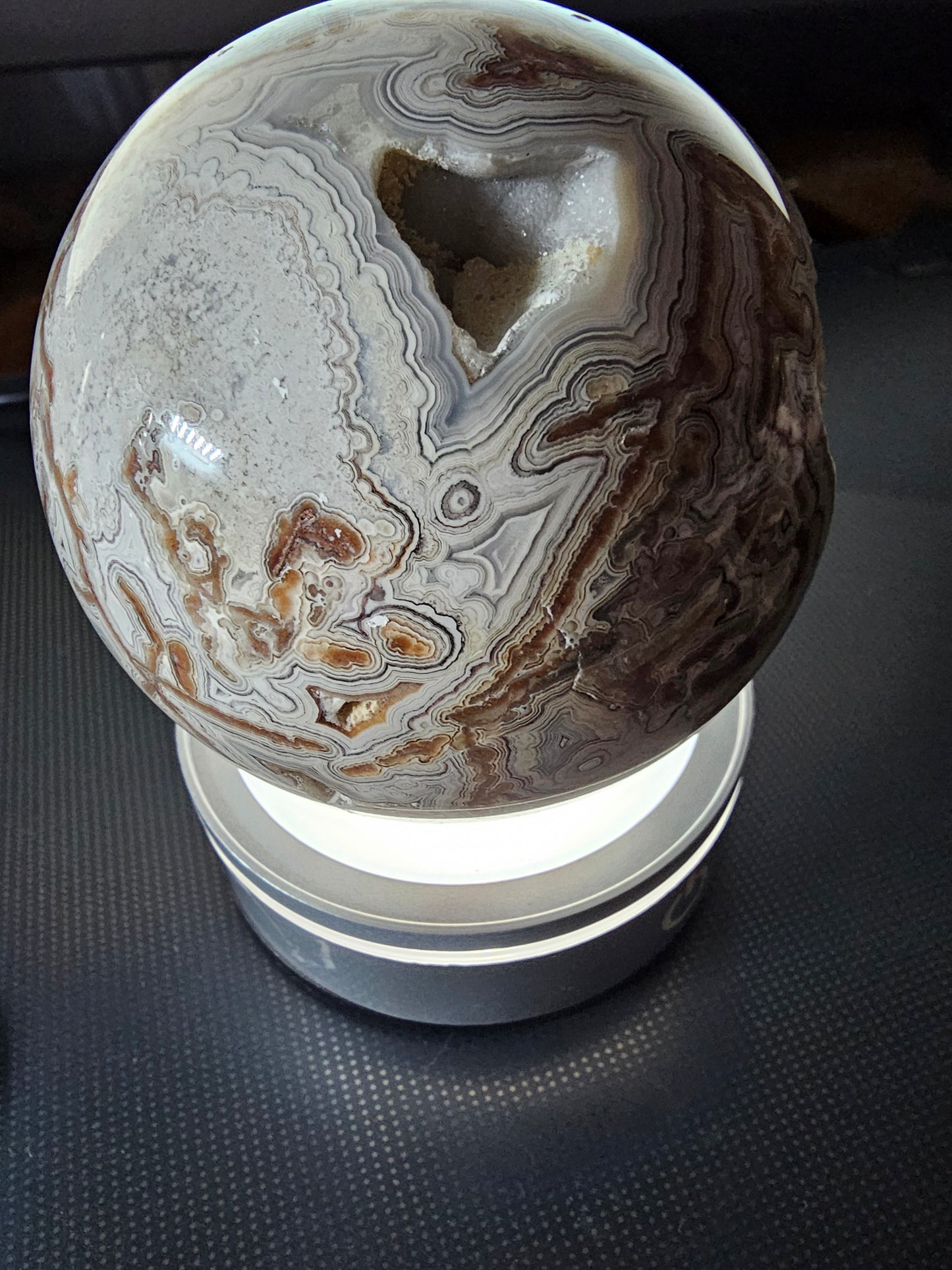 Smiling Crazy Lace Agate Sphere w/ Heart-Shaped Druzy Pocket