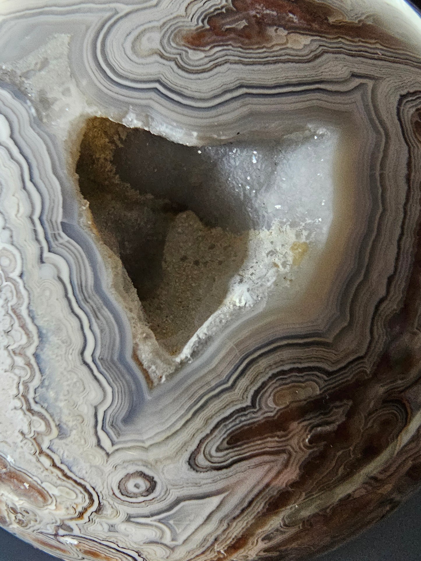 Smiling Crazy Lace Agate Sphere w/ Heart-Shaped Druzy Pocket
