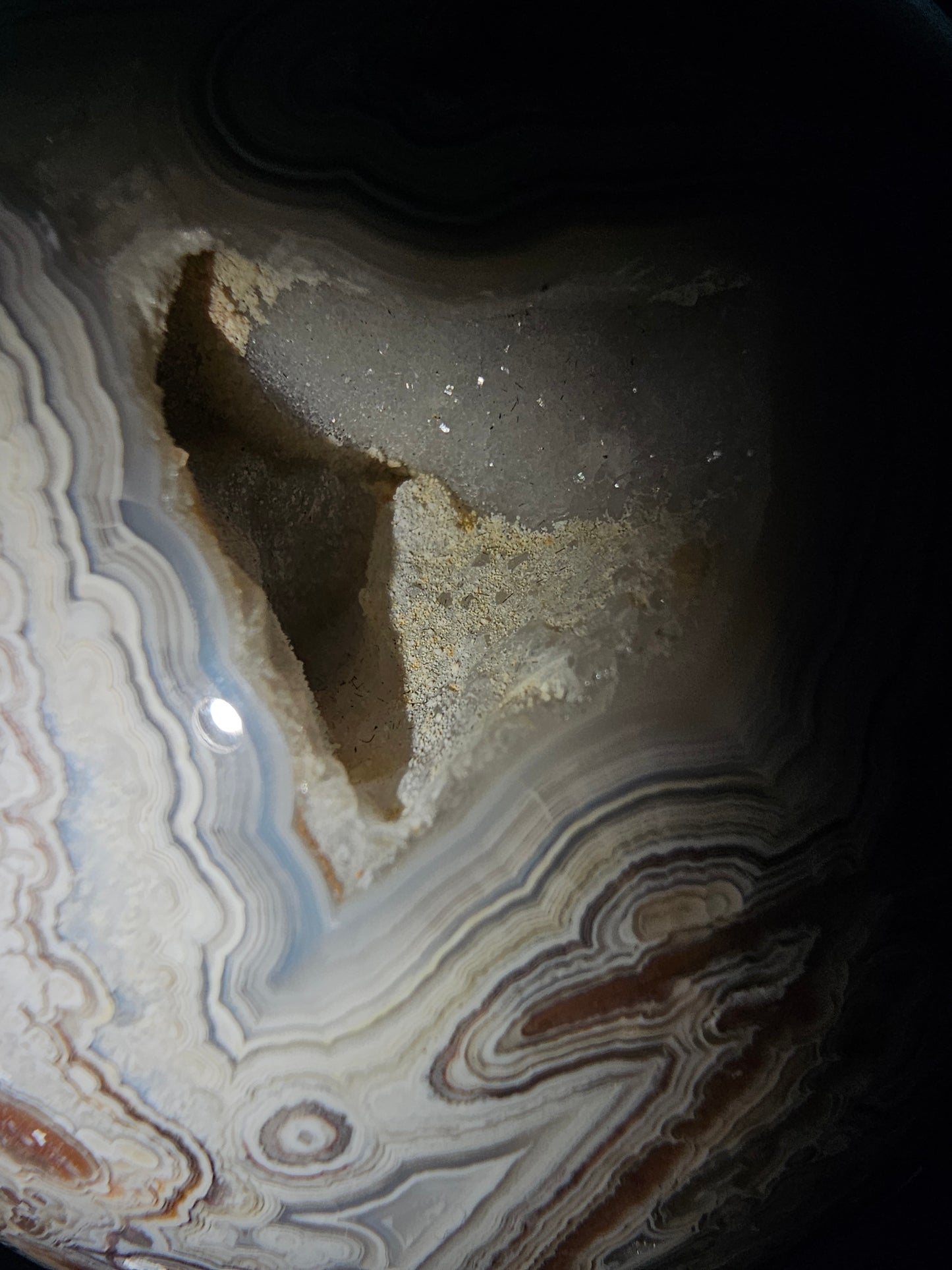 Smiling Crazy Lace Agate Sphere w/ Heart-Shaped Druzy Pocket