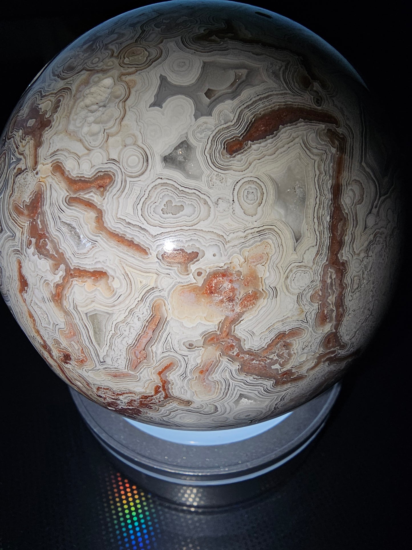 Smiling Crazy Lace Agate Sphere w/ Heart-Shaped Druzy Pocket