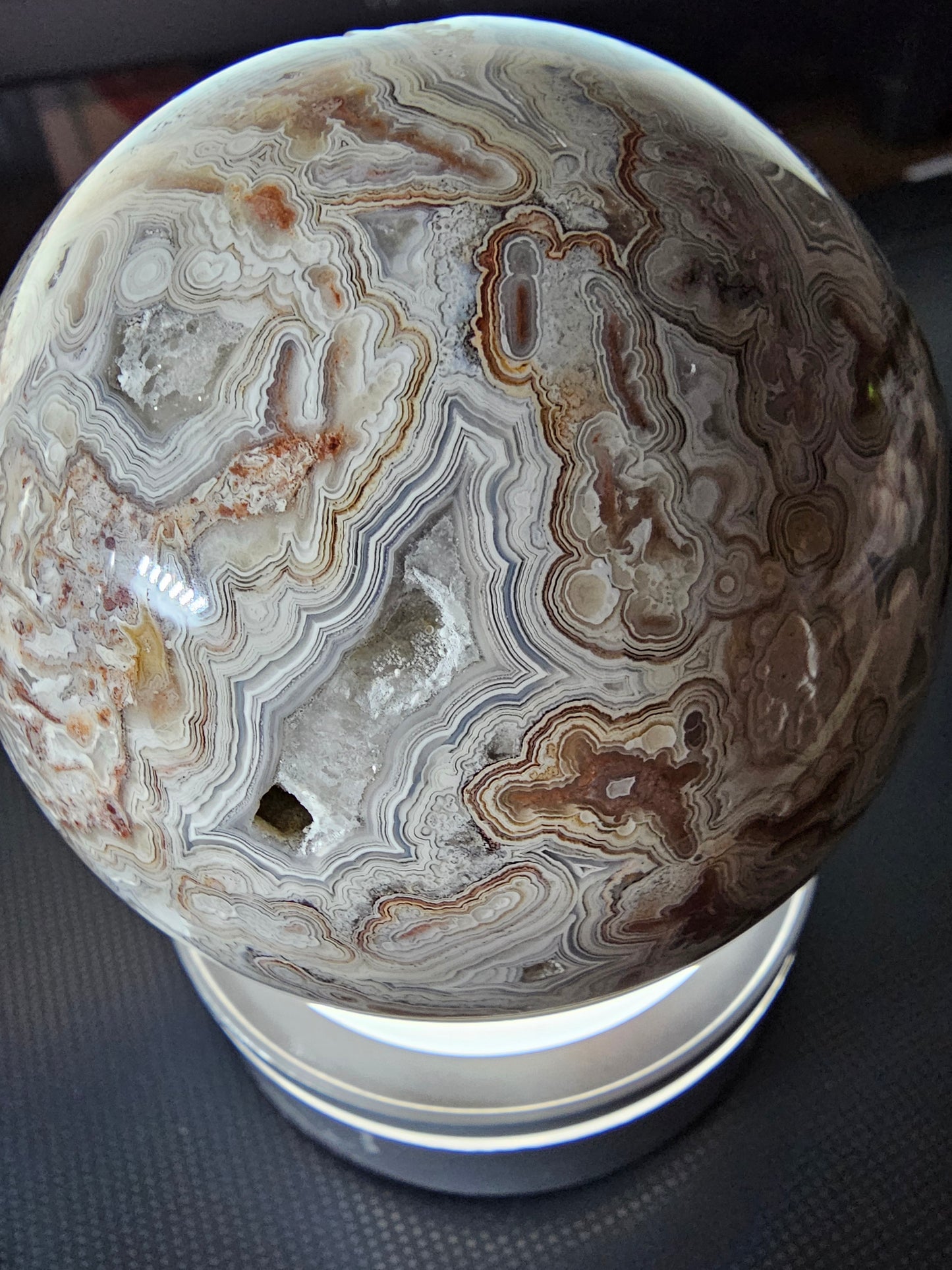 Smiling Crazy Lace Agate Sphere w/ Heart-Shaped Druzy Pocket