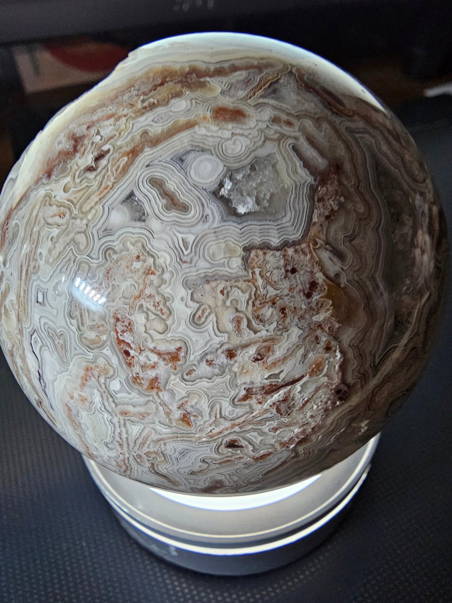 Smiling Crazy Lace Agate Sphere w/ Heart-Shaped Druzy Pocket