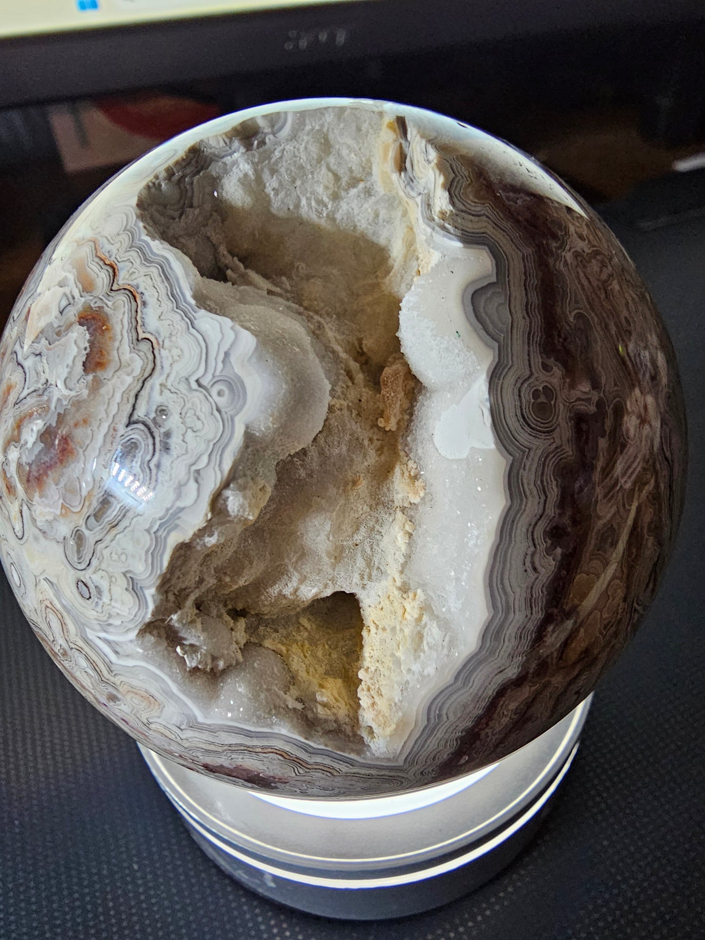 Smiling Crazy Lace Agate Sphere w/ Heart-Shaped Druzy Pocket