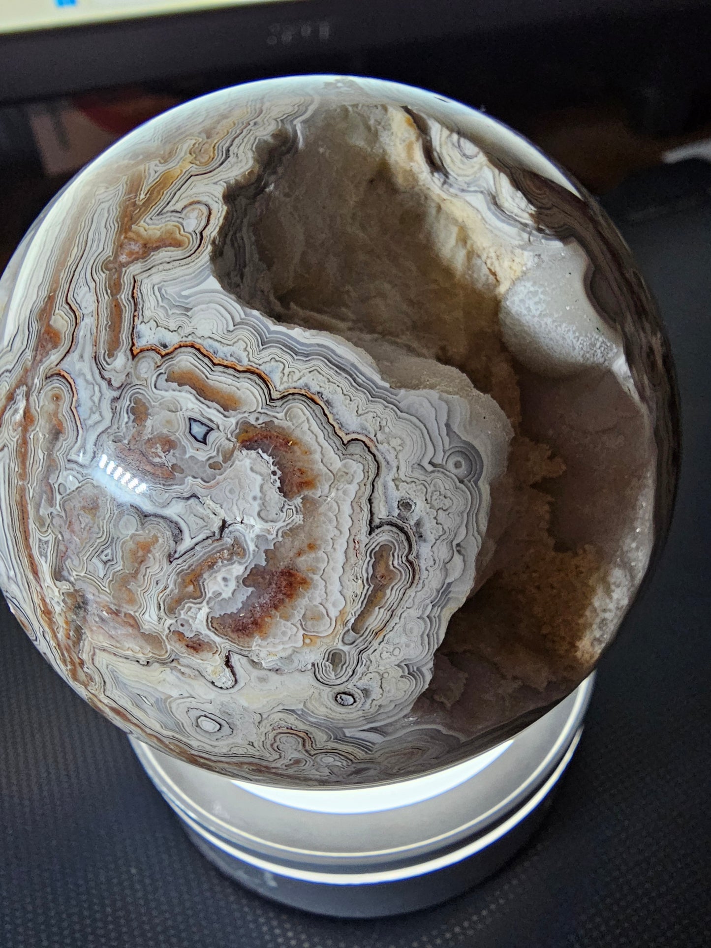 Smiling Crazy Lace Agate Sphere w/ Heart-Shaped Druzy Pocket
