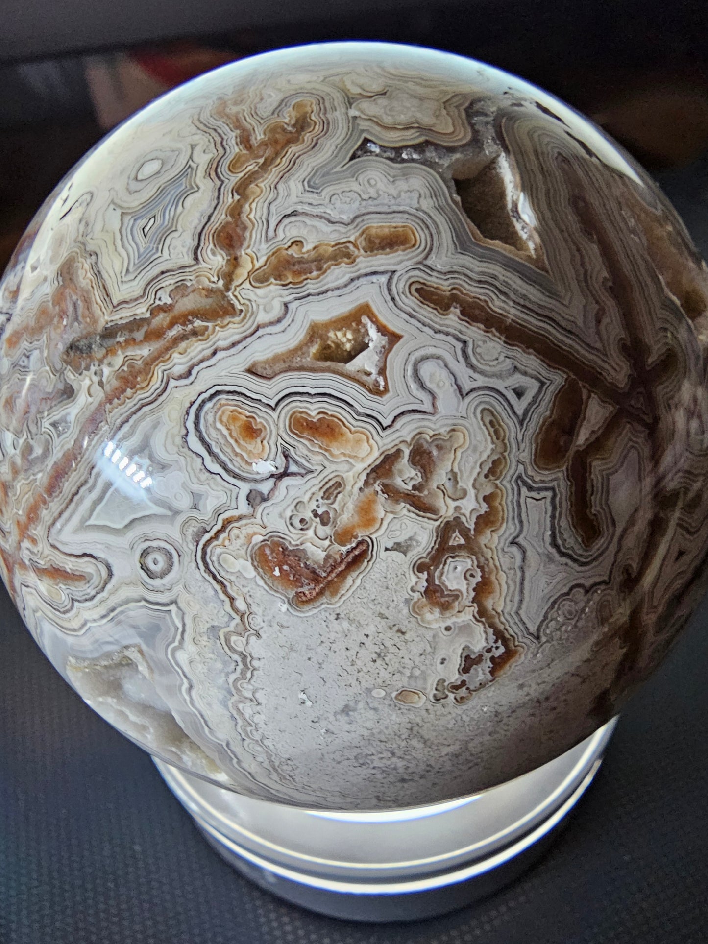 Smiling Crazy Lace Agate Sphere w/ Heart-Shaped Druzy Pocket