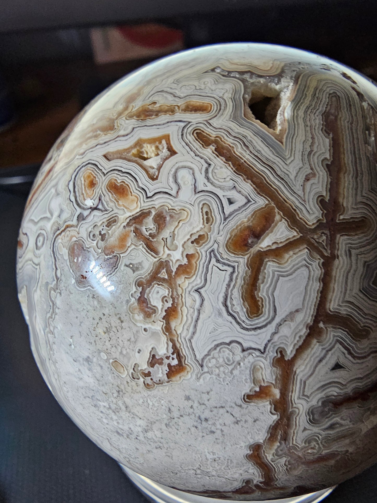 Smiling Crazy Lace Agate Sphere w/ Heart-Shaped Druzy Pocket