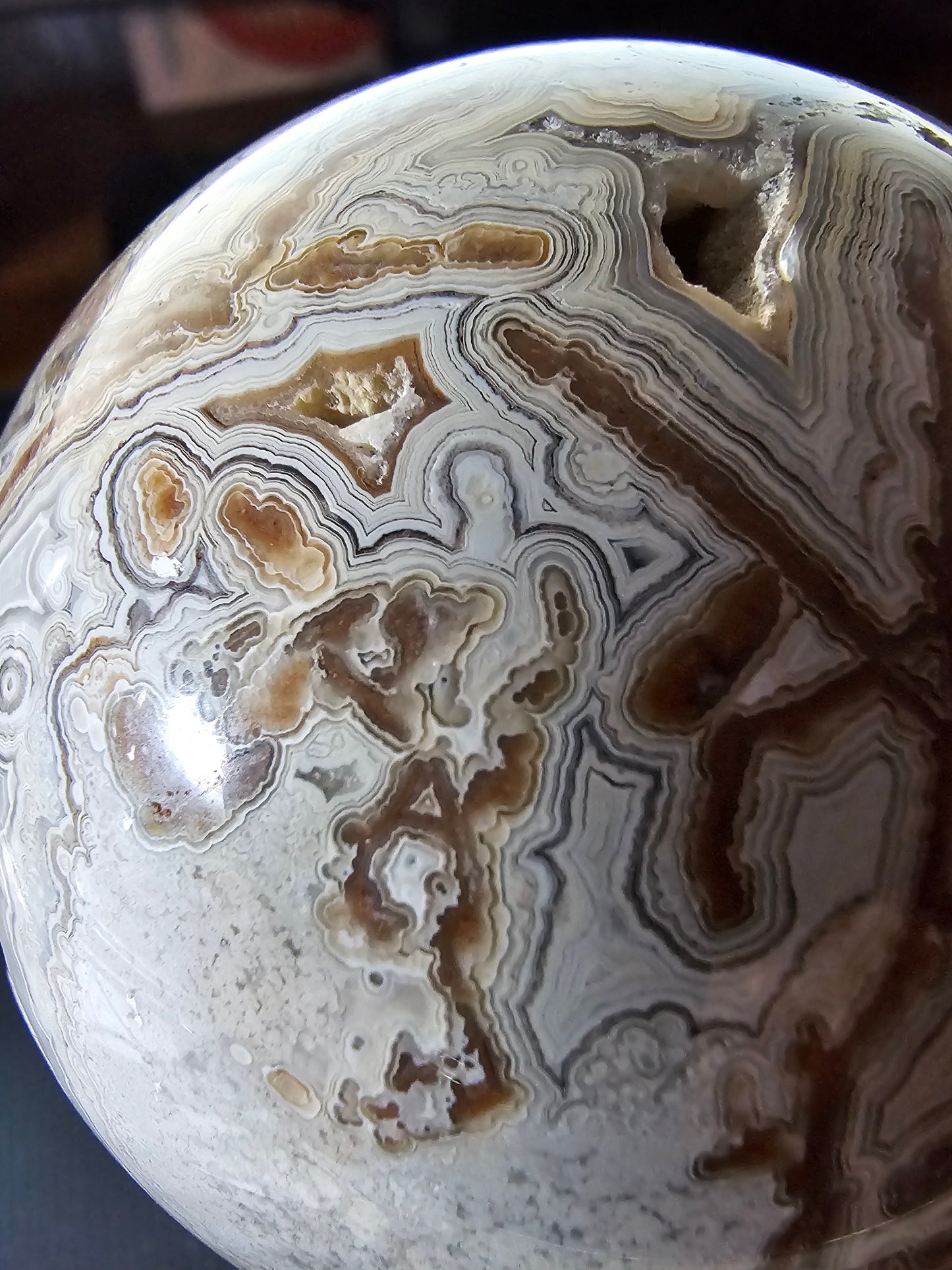 Smiling Crazy Lace Agate Sphere w/ Heart-Shaped Druzy Pocket
