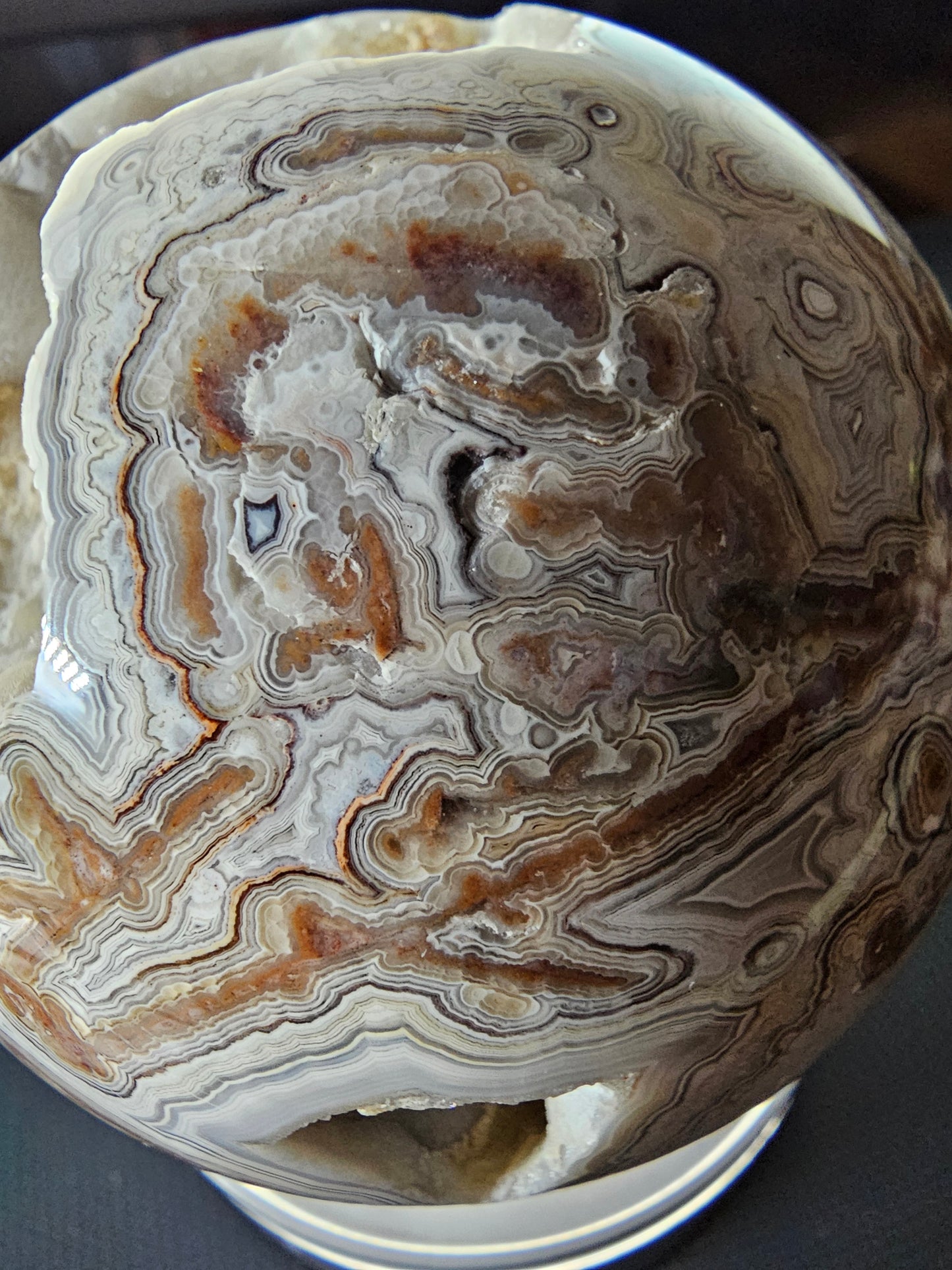 Smiling Crazy Lace Agate Sphere w/ Heart-Shaped Druzy Pocket