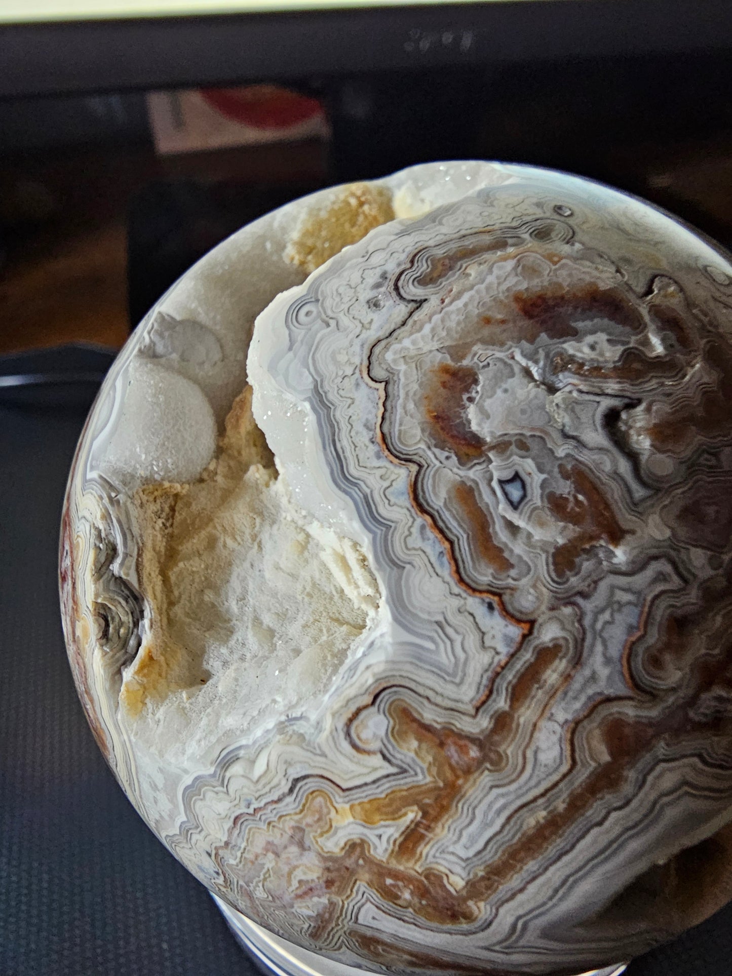 Smiling Crazy Lace Agate Sphere w/ Heart-Shaped Druzy Pocket