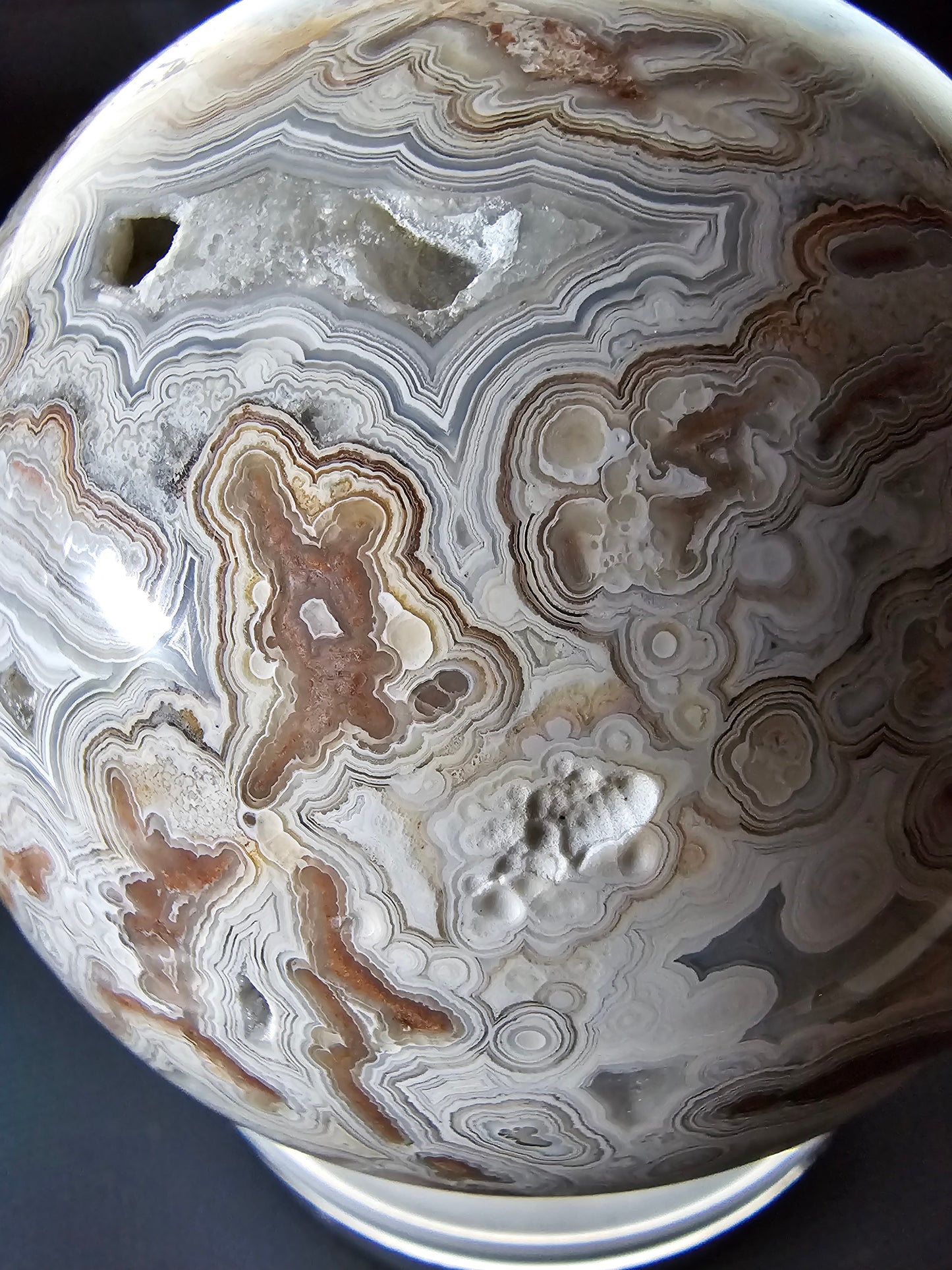 Smiling Crazy Lace Agate Sphere w/ Heart-Shaped Druzy Pocket