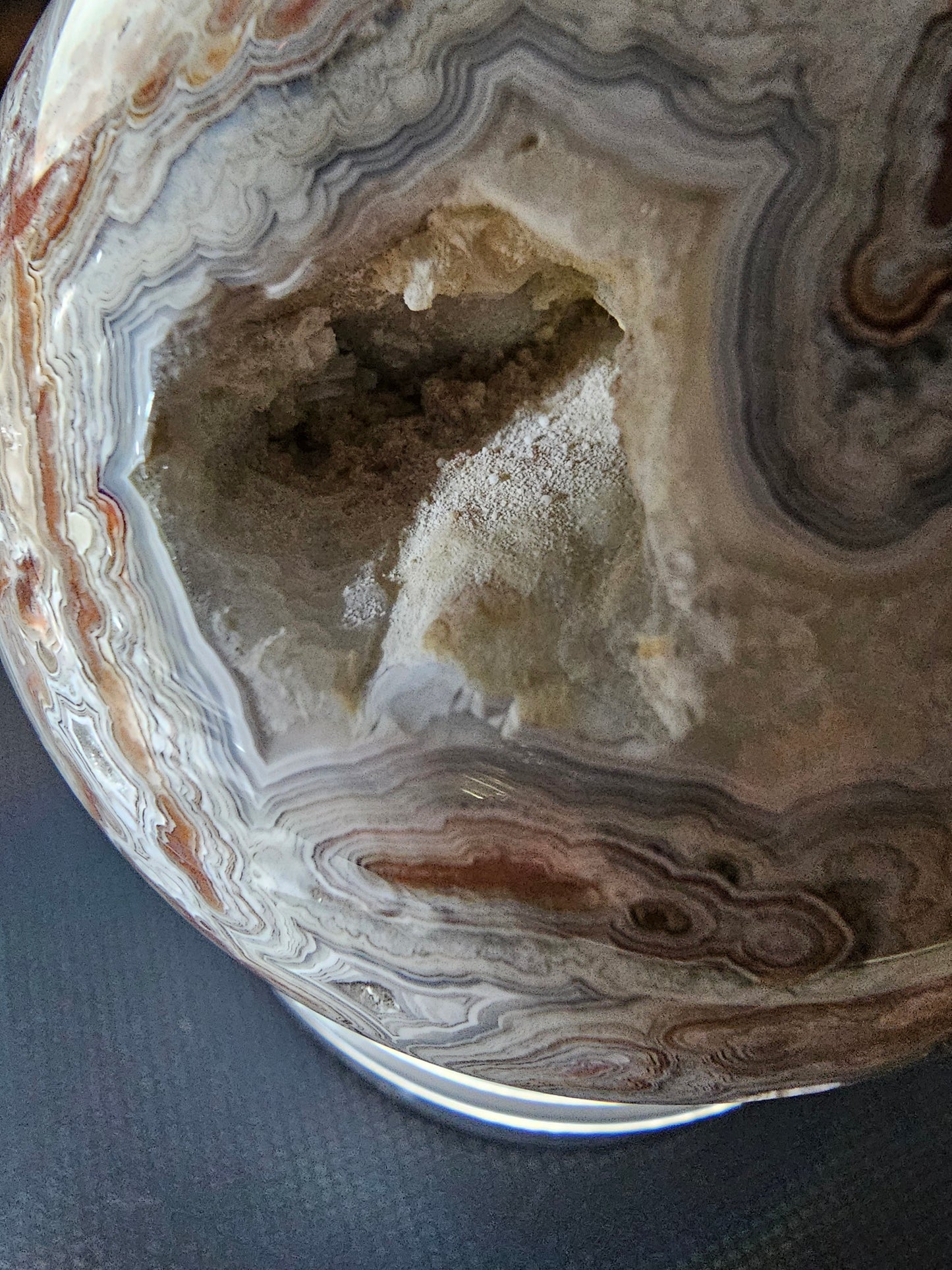 Smiling Crazy Lace Agate Sphere w/ Heart-Shaped Druzy Pocket