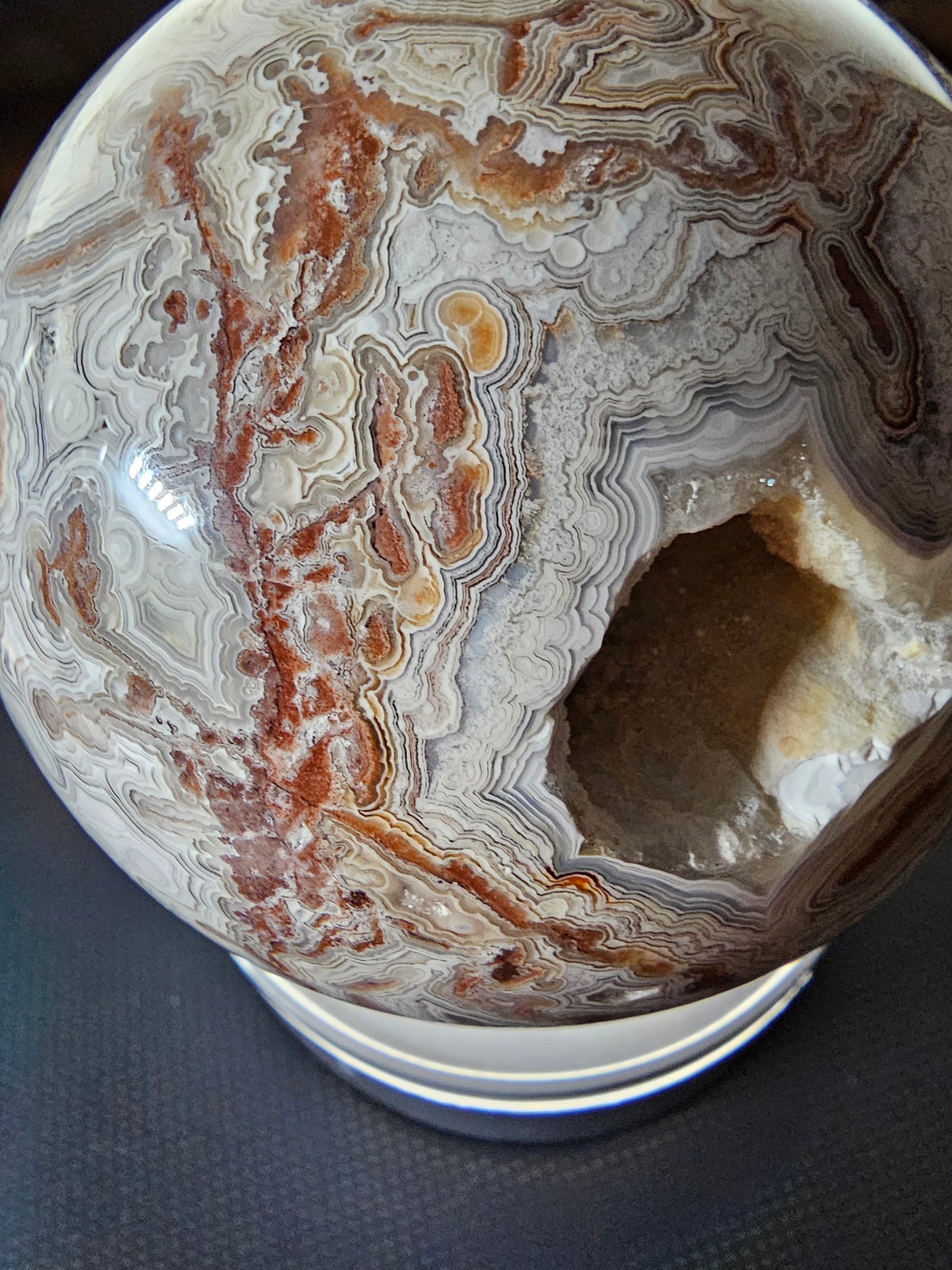 Smiling Crazy Lace Agate Sphere w/ Heart-Shaped Druzy Pocket