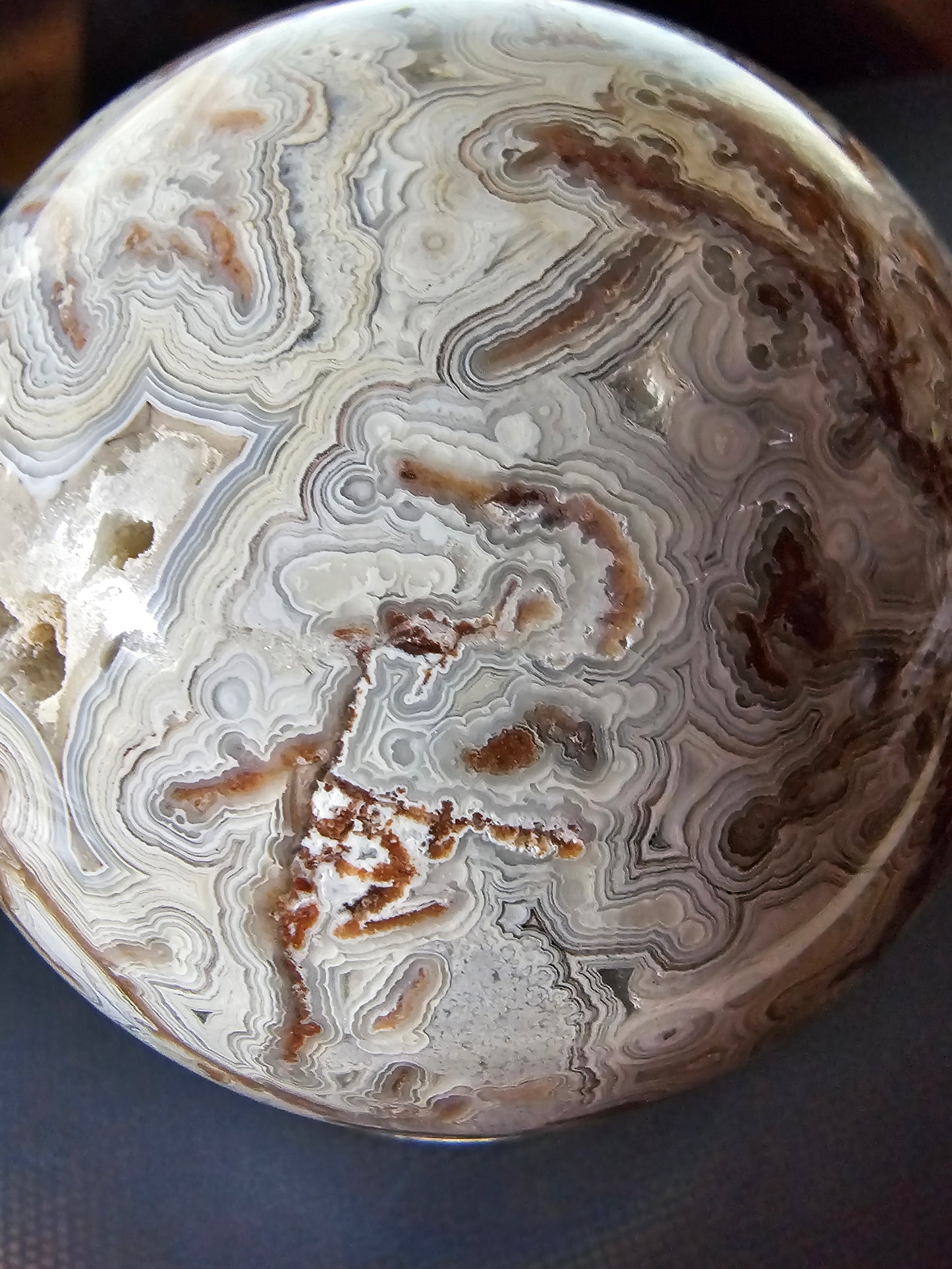 Smiling Crazy Lace Agate Sphere w/ Heart-Shaped Druzy Pocket