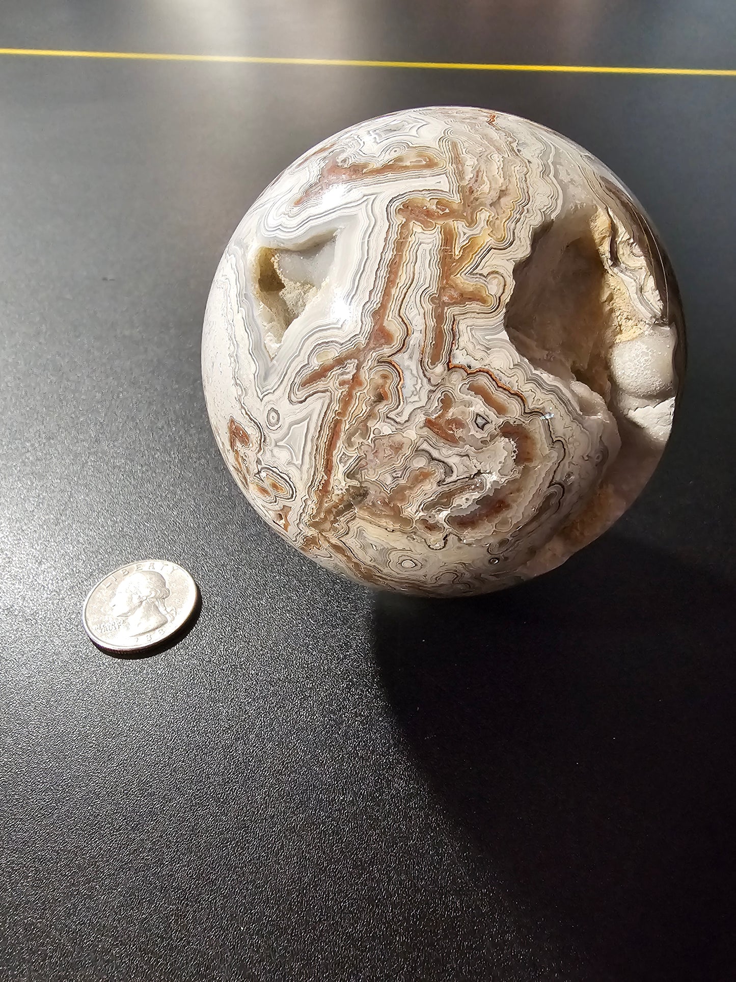 Smiling Crazy Lace Agate Sphere w/ Heart-Shaped Druzy Pocket