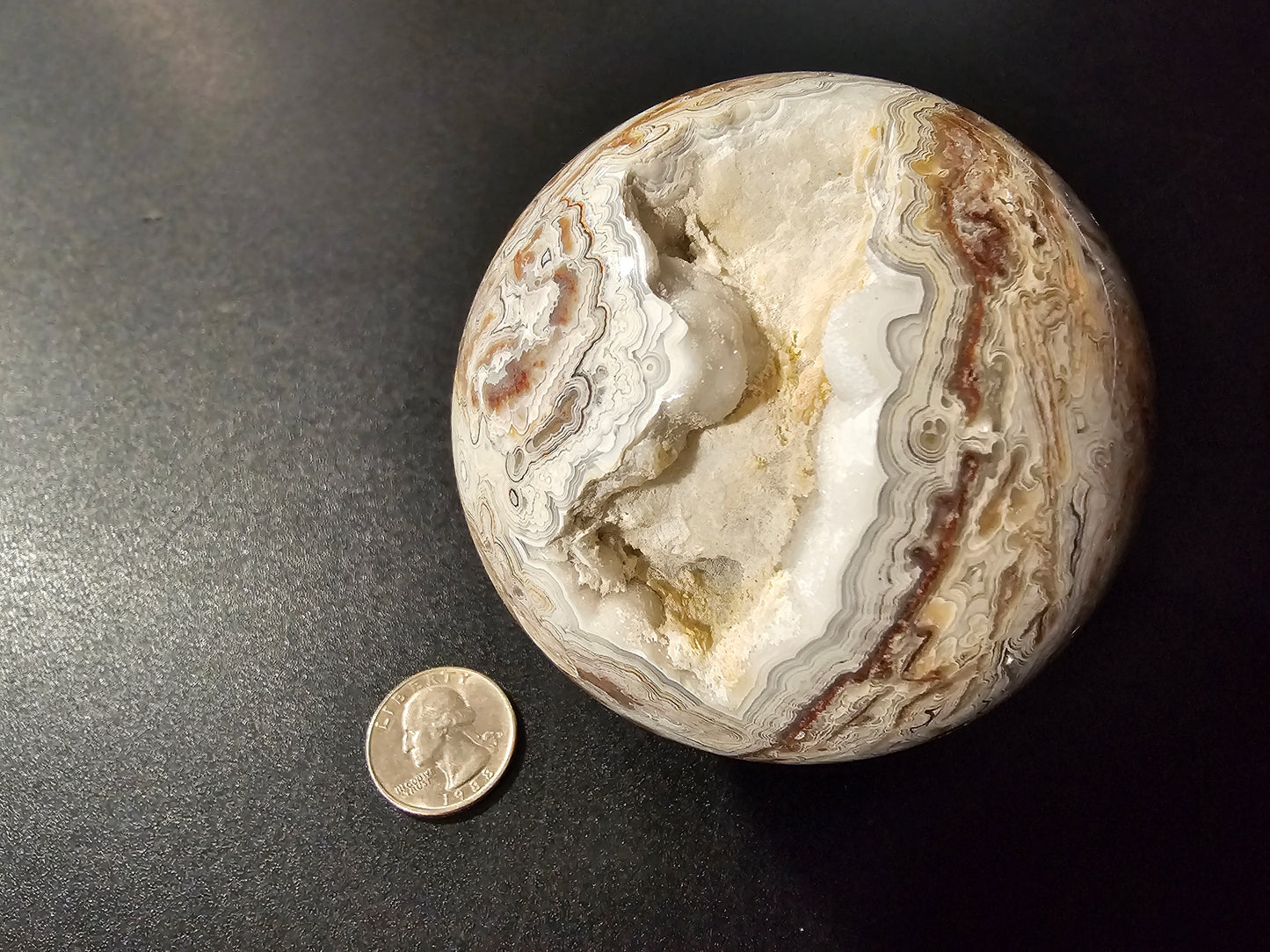 Smiling Crazy Lace Agate Sphere w/ Heart-Shaped Druzy Pocket