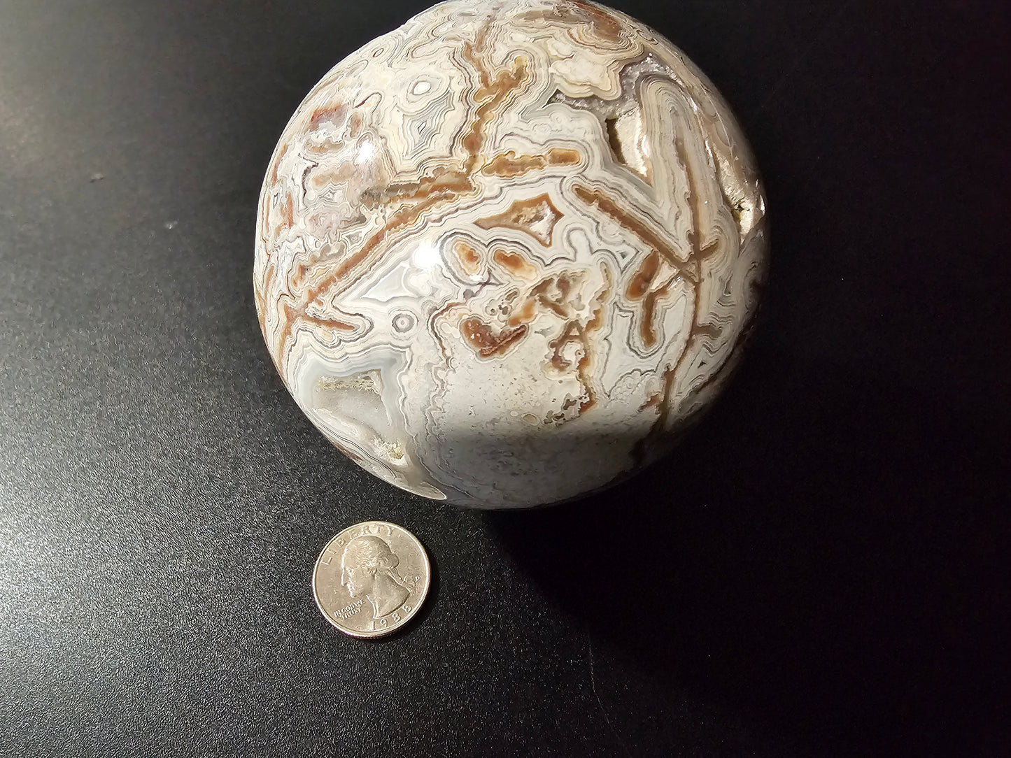 Smiling Crazy Lace Agate Sphere w/ Heart-Shaped Druzy Pocket