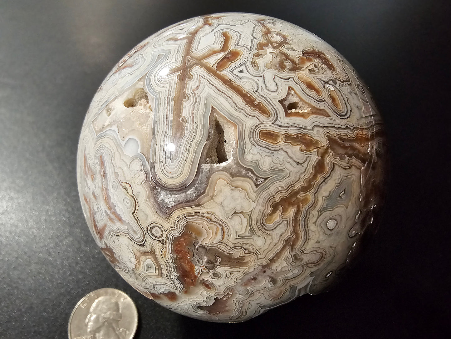 Smiling Crazy Lace Agate Sphere w/ Heart-Shaped Druzy Pocket