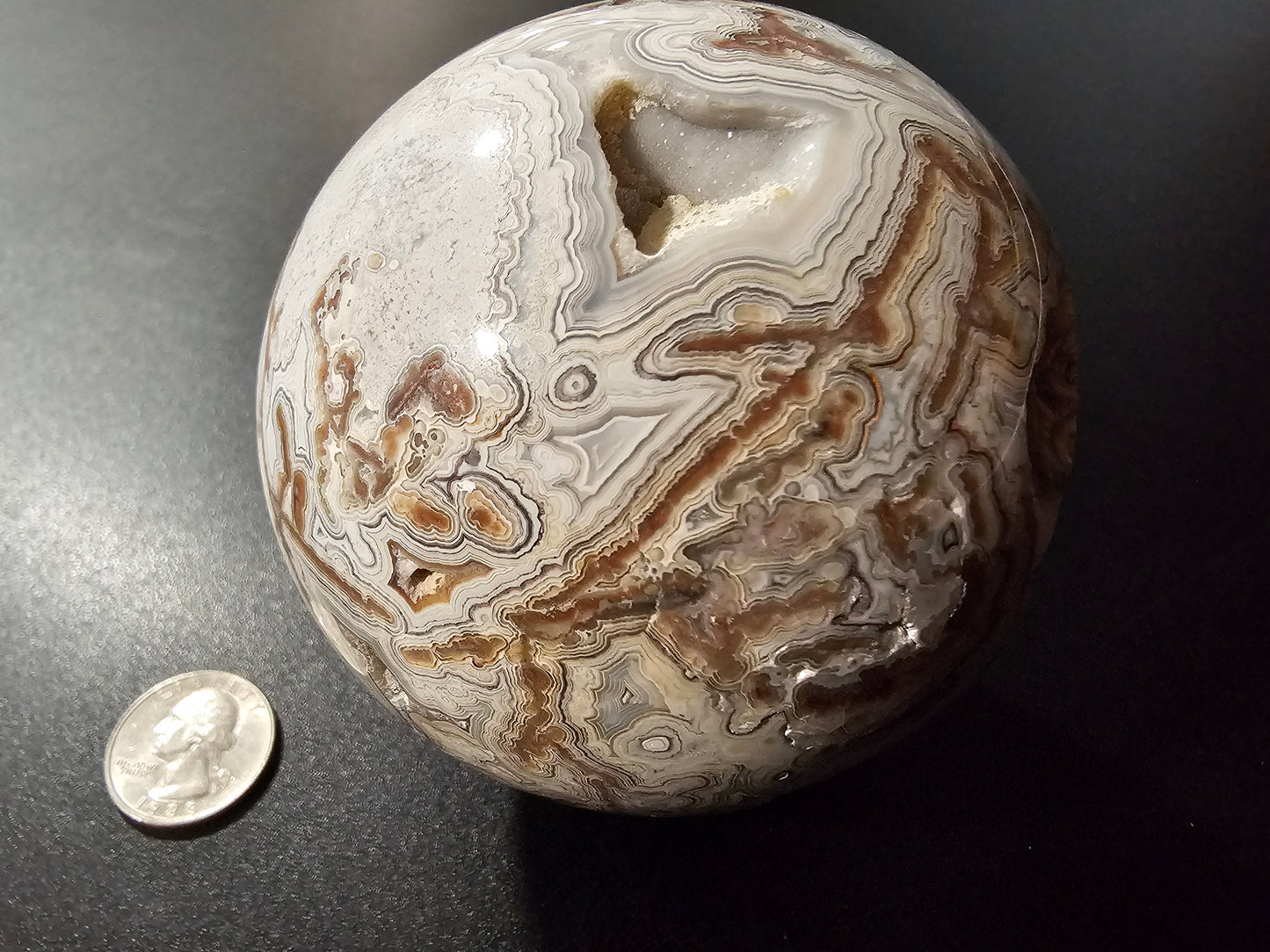 Smiling Crazy Lace Agate Sphere w/ Heart-Shaped Druzy Pocket