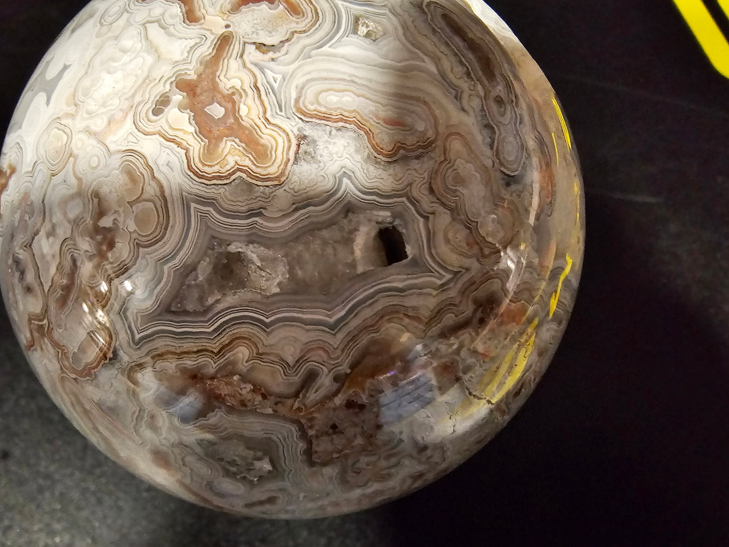 Smiling Crazy Lace Agate Sphere w/ Heart-Shaped Druzy Pocket