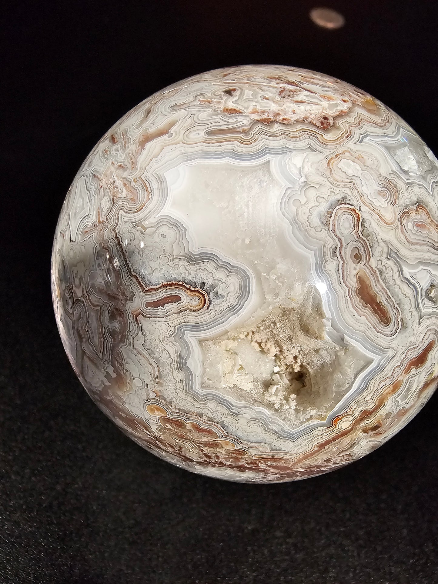Smiling Crazy Lace Agate Sphere w/ Heart-Shaped Druzy Pocket