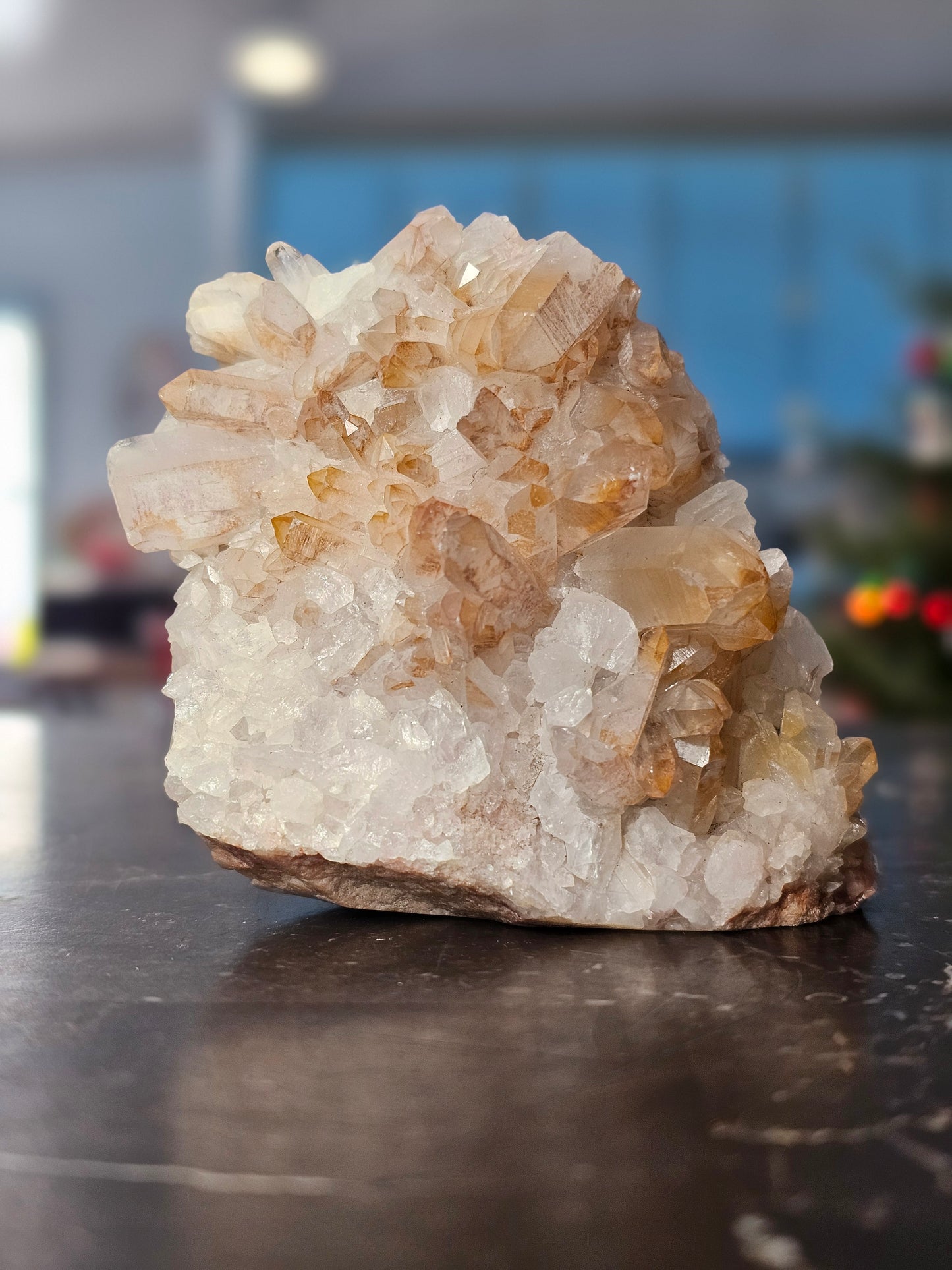 Quartz Cluster w Golden Healer Skull Carving on Matrix