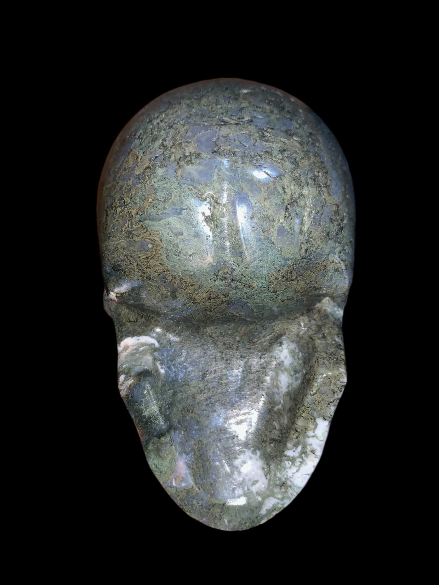 5.6" Moss Agate Singing Skull