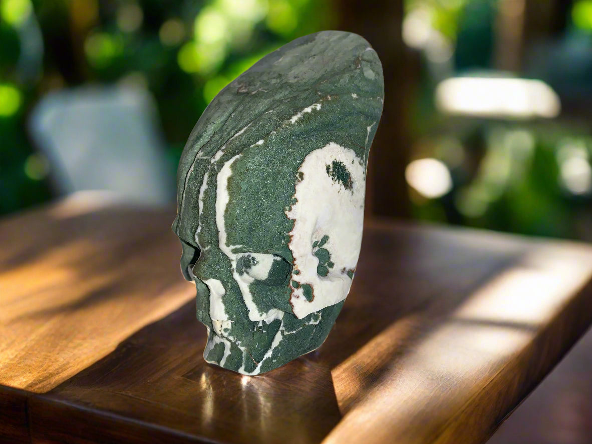 4.2" Green Zebra Jasper Palm Skull