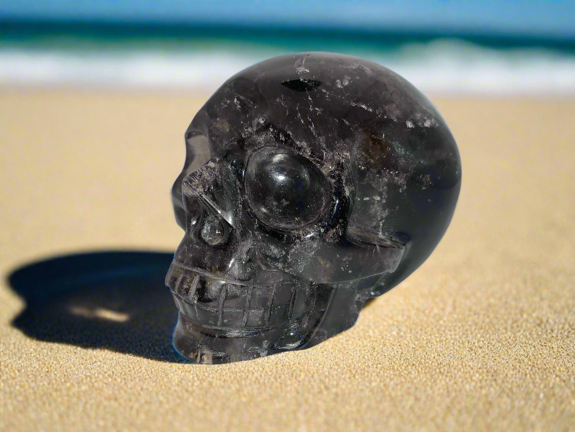 4.1" Morion Quartz Skull w/ Rainbows