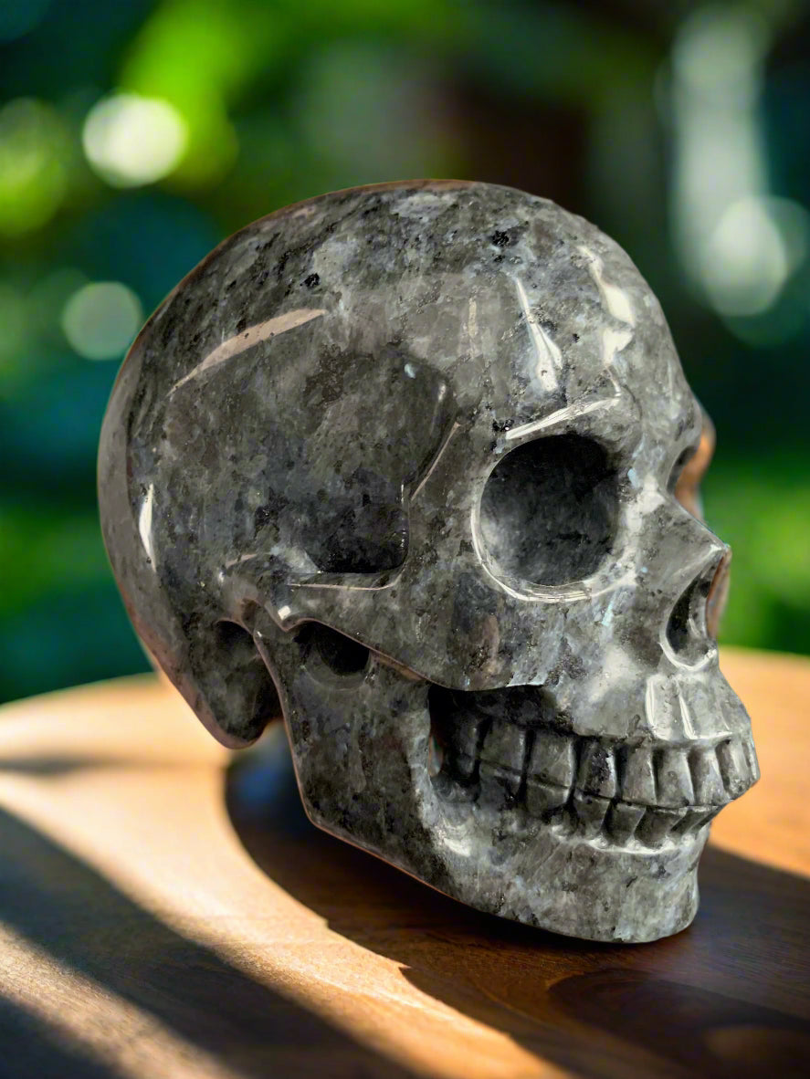 5.3" Larvikite Skull w/ Rainbows