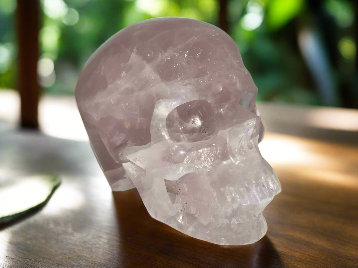5.3" Rose Quartz Skull w/ Rainbows