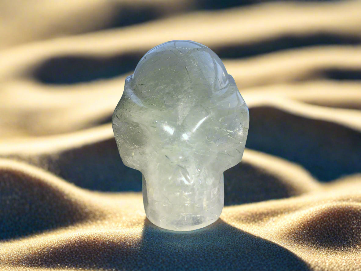 "Cosmic Heart" 5.2" Leandro de Souza Green Rutilated Brazilian Quartz Traveler Skull w/ Rainbows