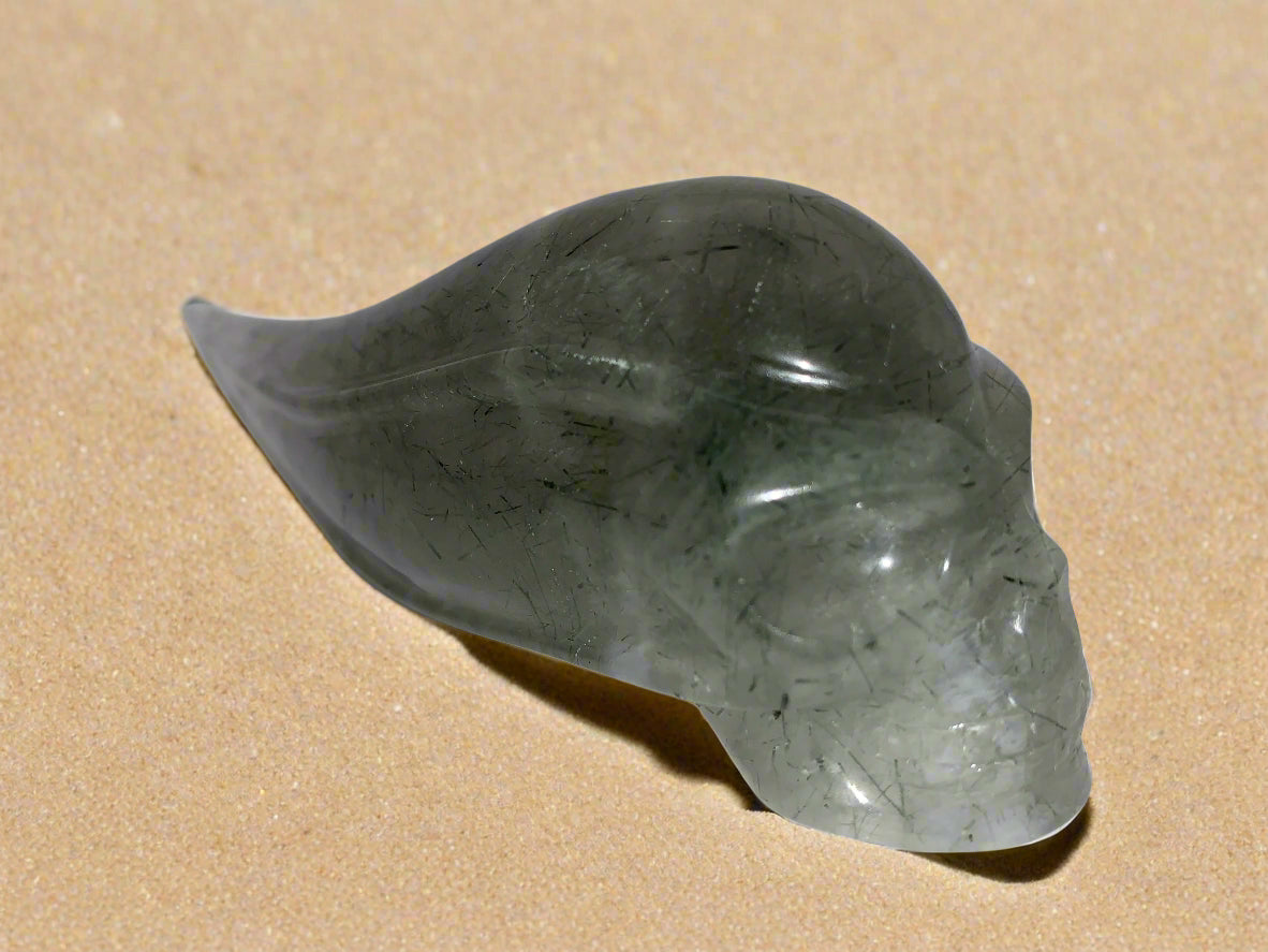 "Cosmic Heart" 5.2" Leandro de Souza Green Rutilated Brazilian Quartz Traveler Skull w/ Rainbows
