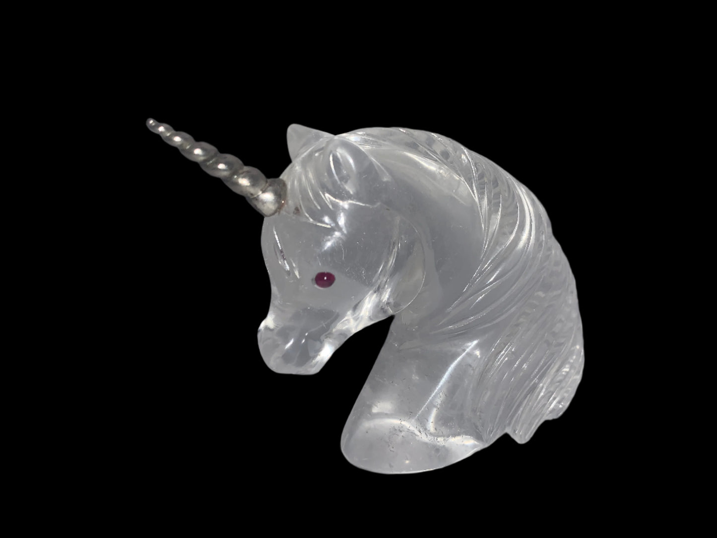 4.5" Quartz Sterling Horn Baby Unicorn w/ Garnet Eyes & Rainbows