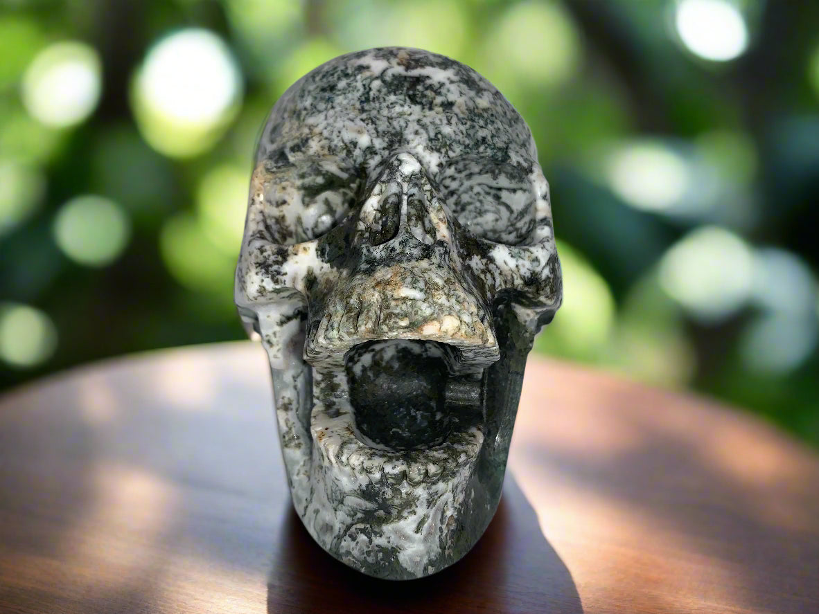 5.6" Moss Agate Singing Skull