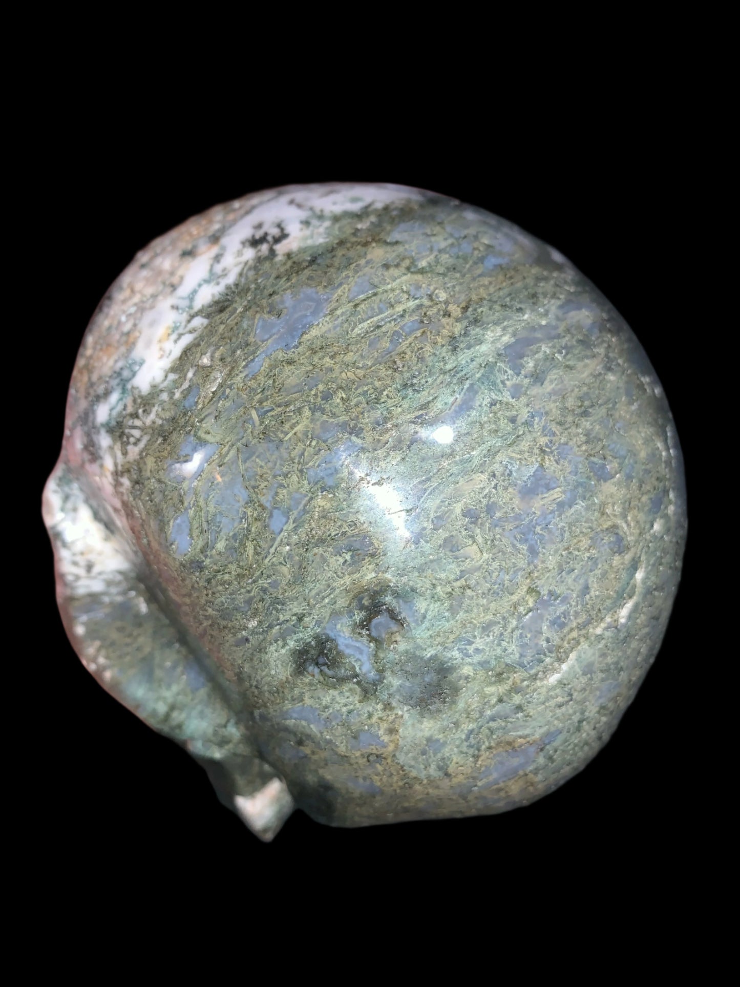 5.6" Moss Agate Singing Skull