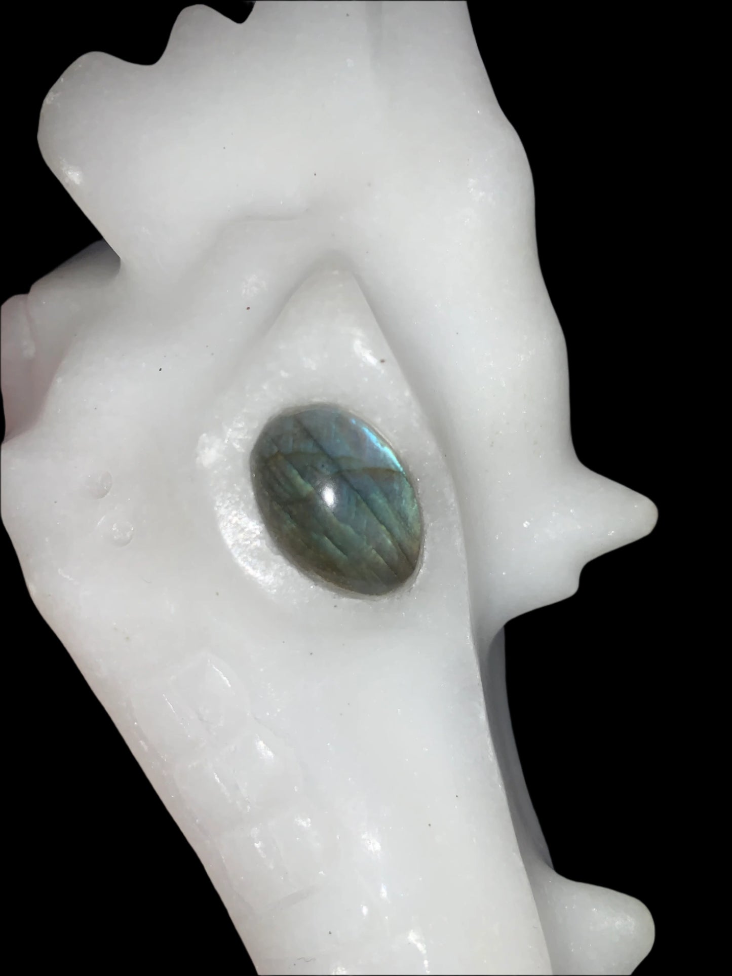 Cráneo de dragón de jade blanco de 5,5" con ojos de labradorita