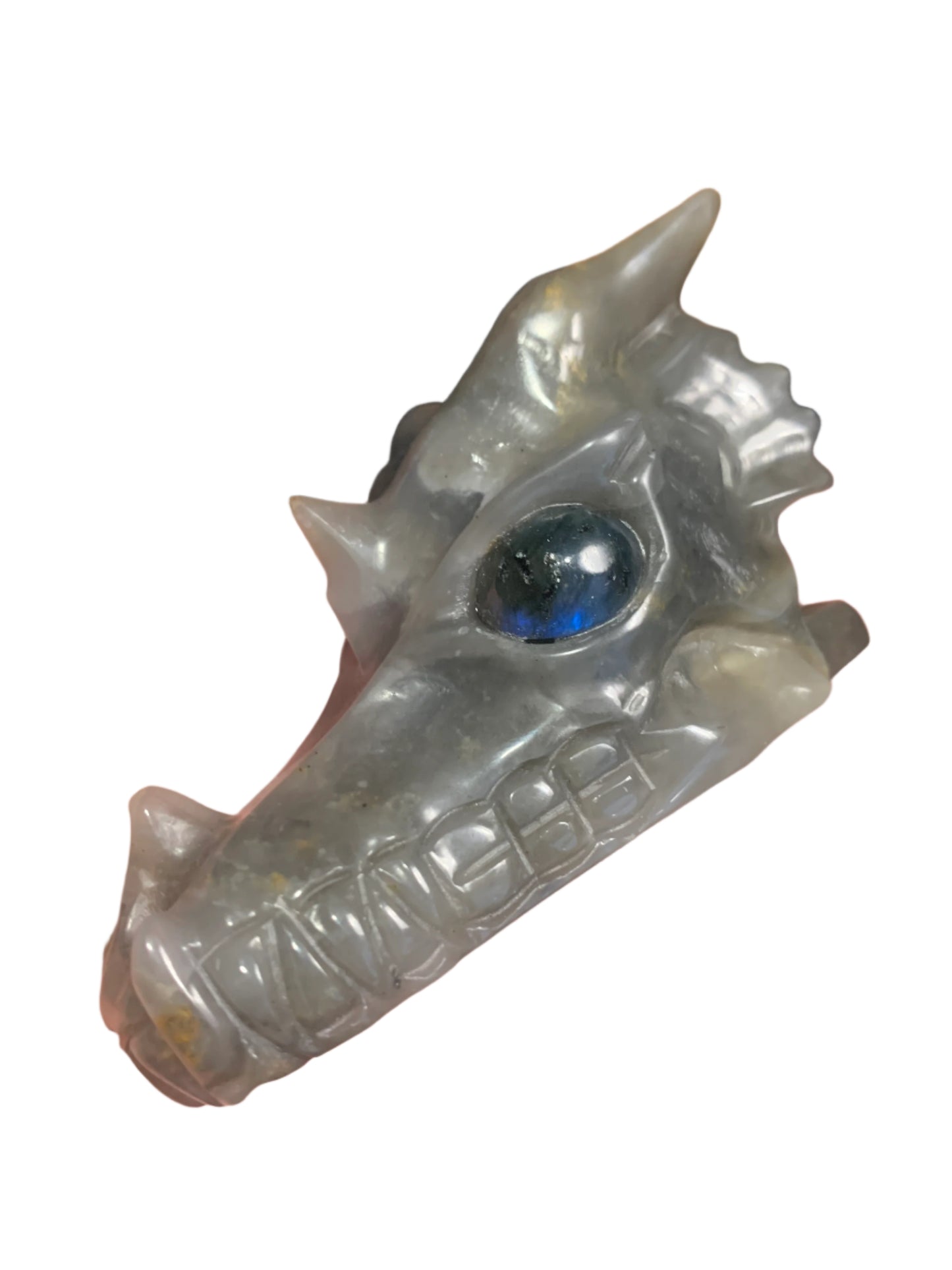 Dragón de cuarzo gris de 4,4" con ojos de labradorita