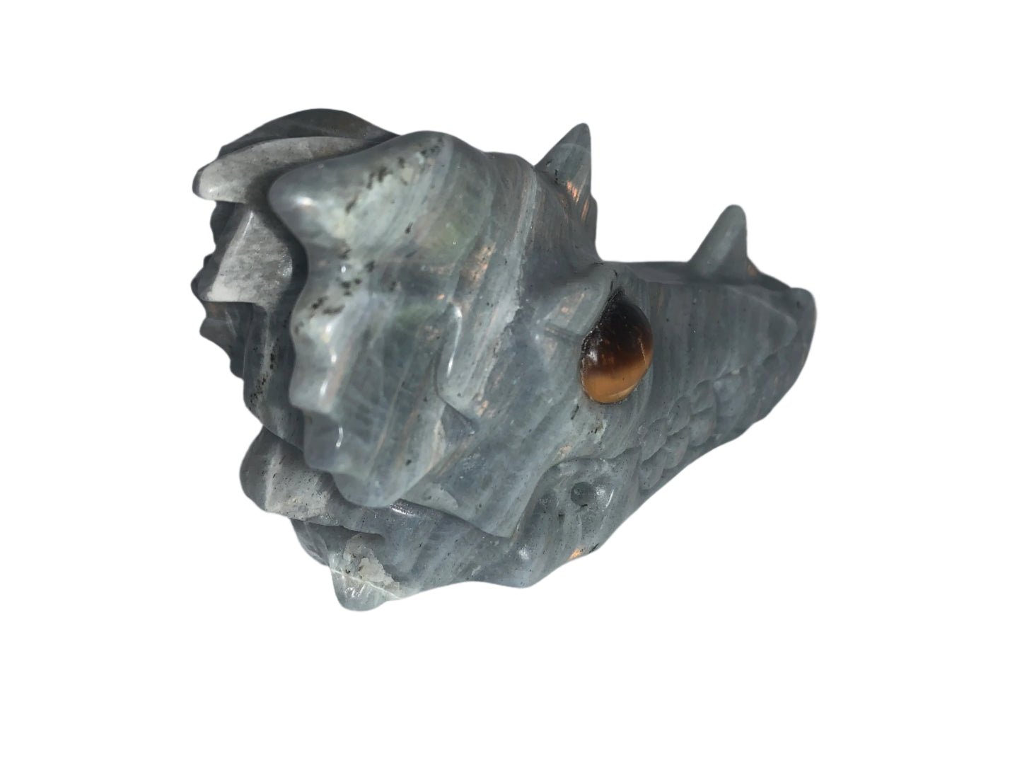 4.1" Labradorite Dragon Skull w/ Orange Chatoyancy & Tiger Eye Eyes