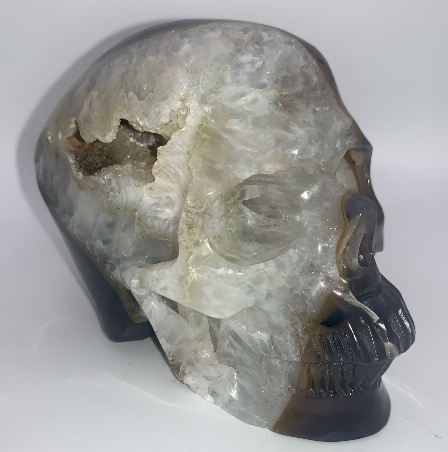 5.4" Agate and Quartz Geode Skull w/ Rainbows