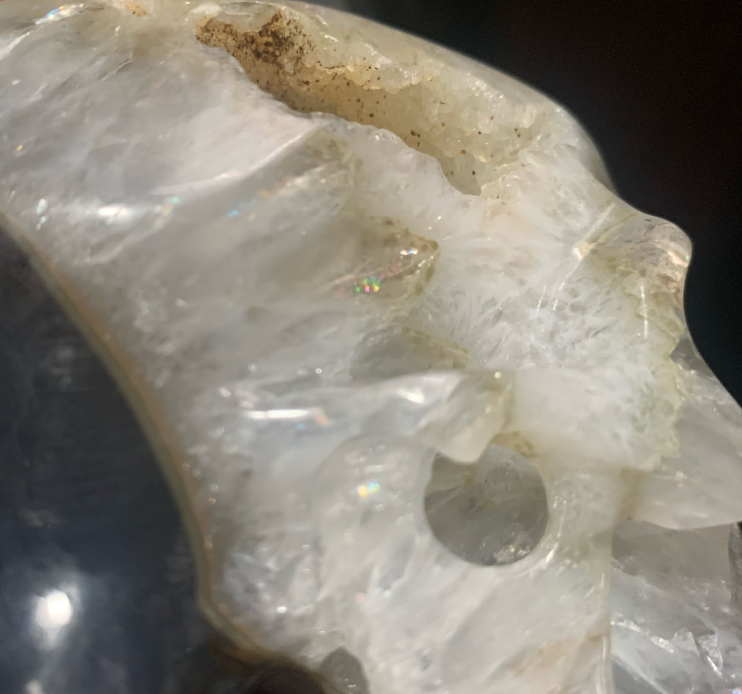 5.4" Agate and Quartz Geode Skull w/ Rainbows