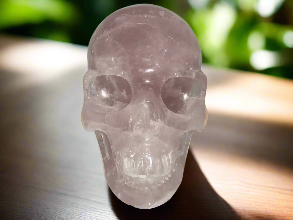 5.3" Rose Quartz Skull w/ Rainbows