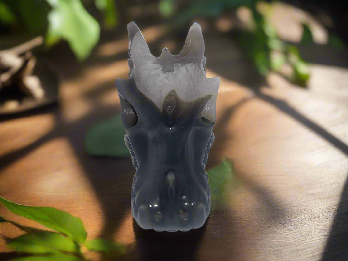 5.3" Gray Agate and White Quartz Dragon Skull