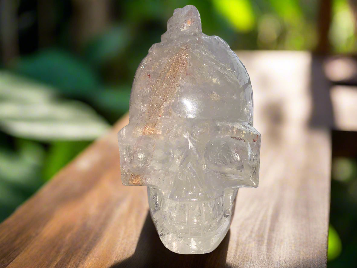6.75" Copper Rutilated Quartz Lizard Skull w/ Rainbows