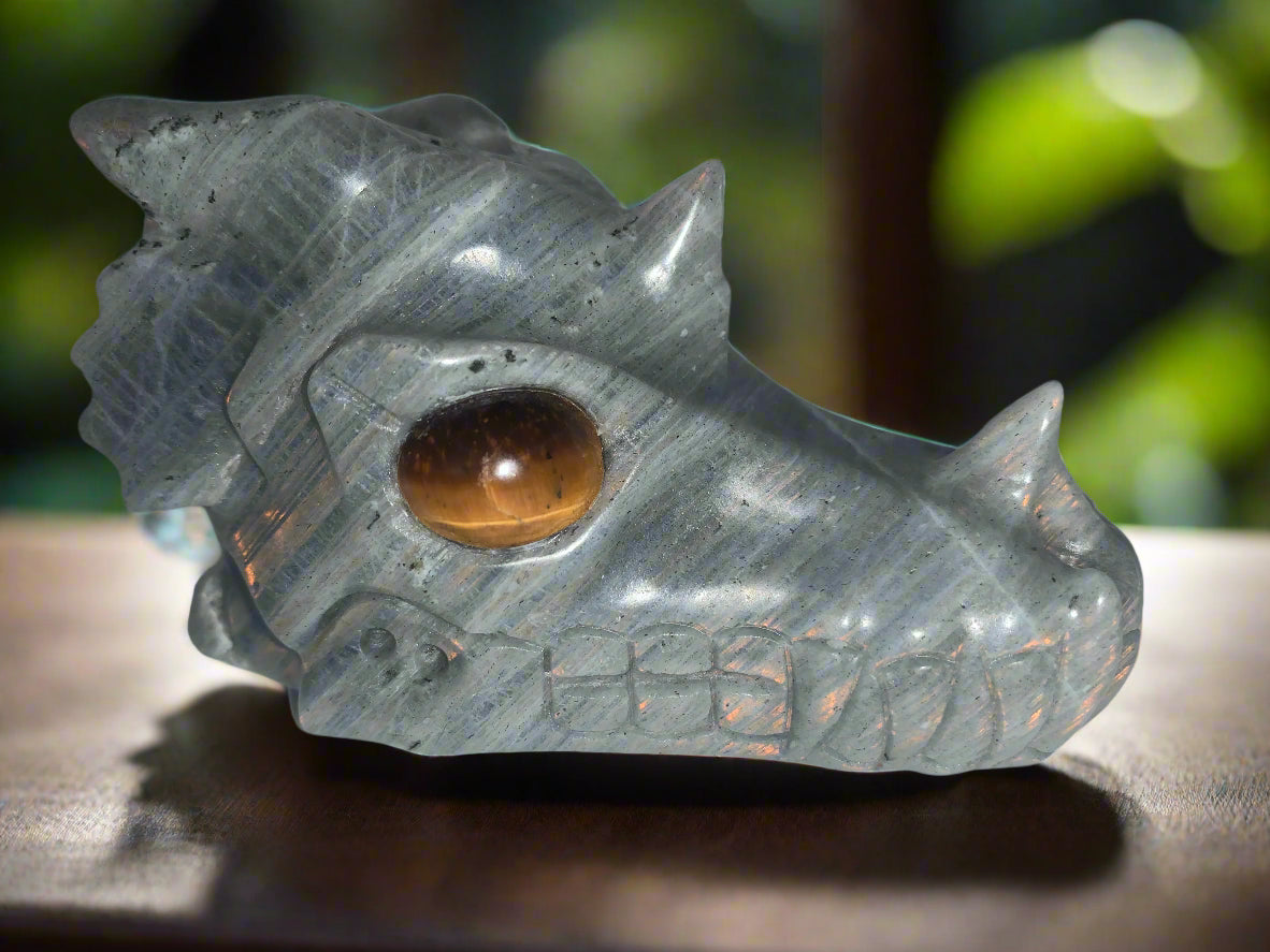 4.1" Labradorite Dragon Skull w/ Orange Chatoyancy & Tiger Eye Eyes