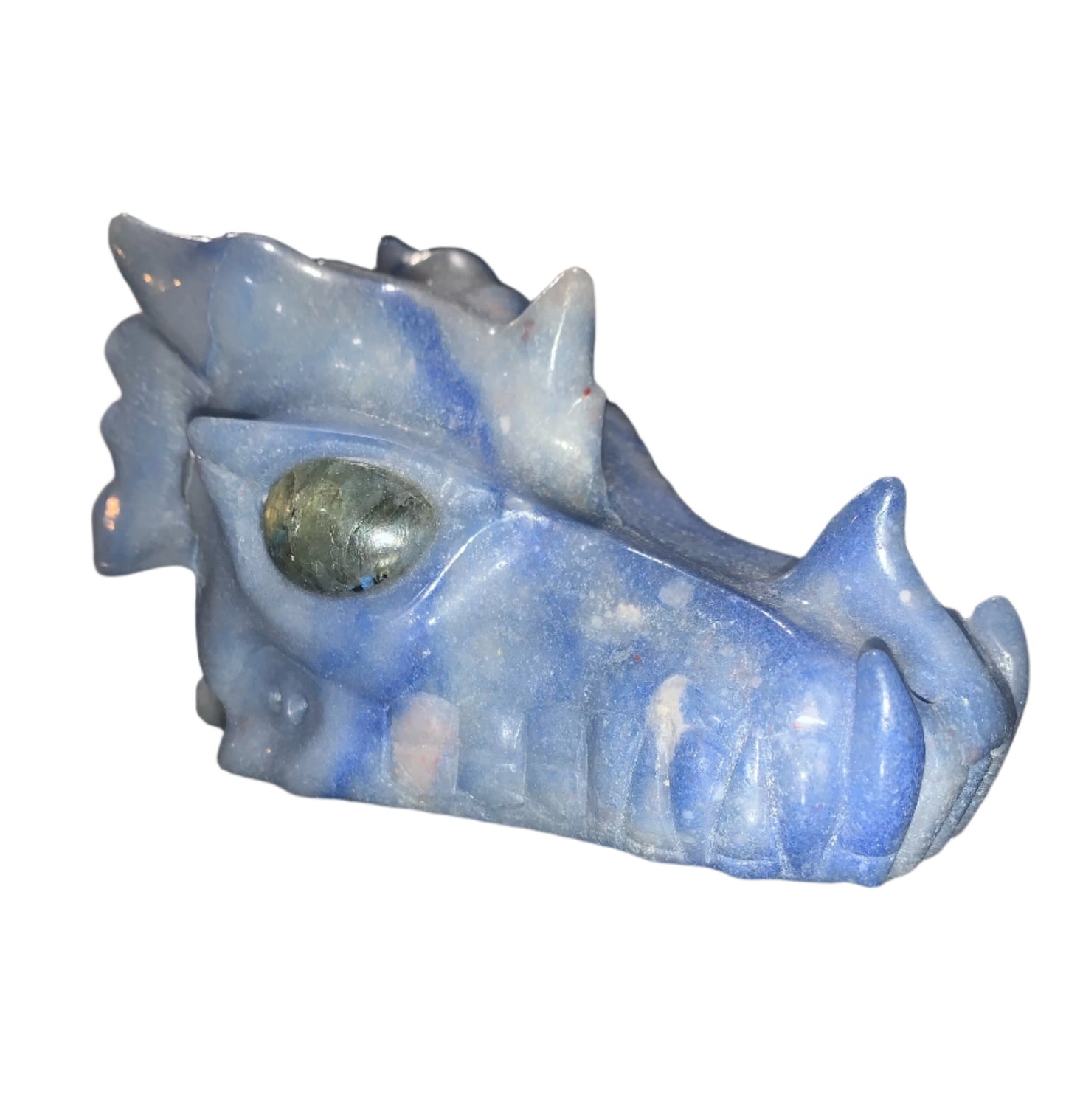 Cráneo de dragón de aventurina azul de 5" con ojos de labradorita