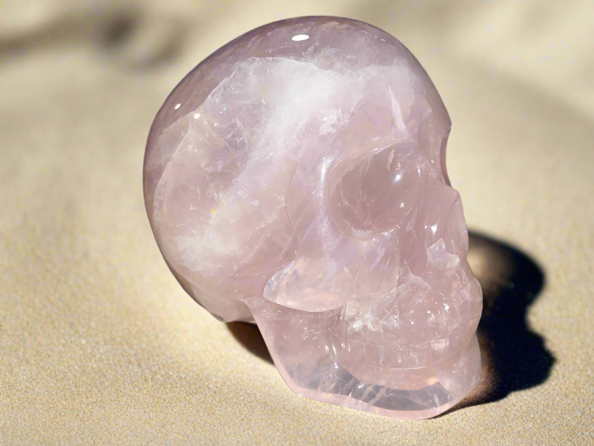 5.3" Self Healed Rose Quartz Skull w/ Rainbows