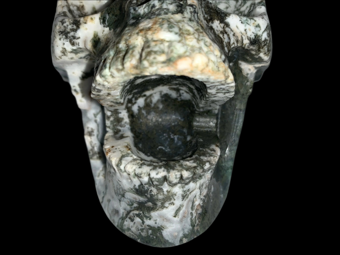 5.6" Moss Agate Singing Skull