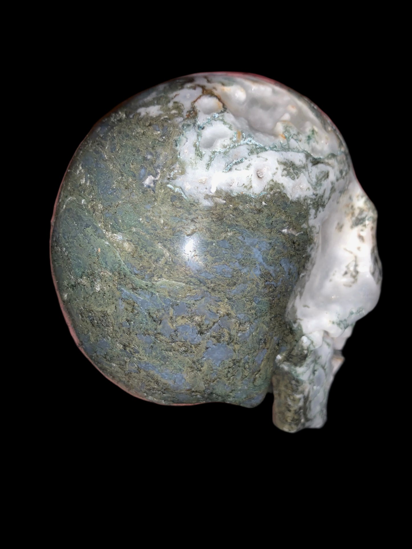 5.6" Moss Agate Singing Skull